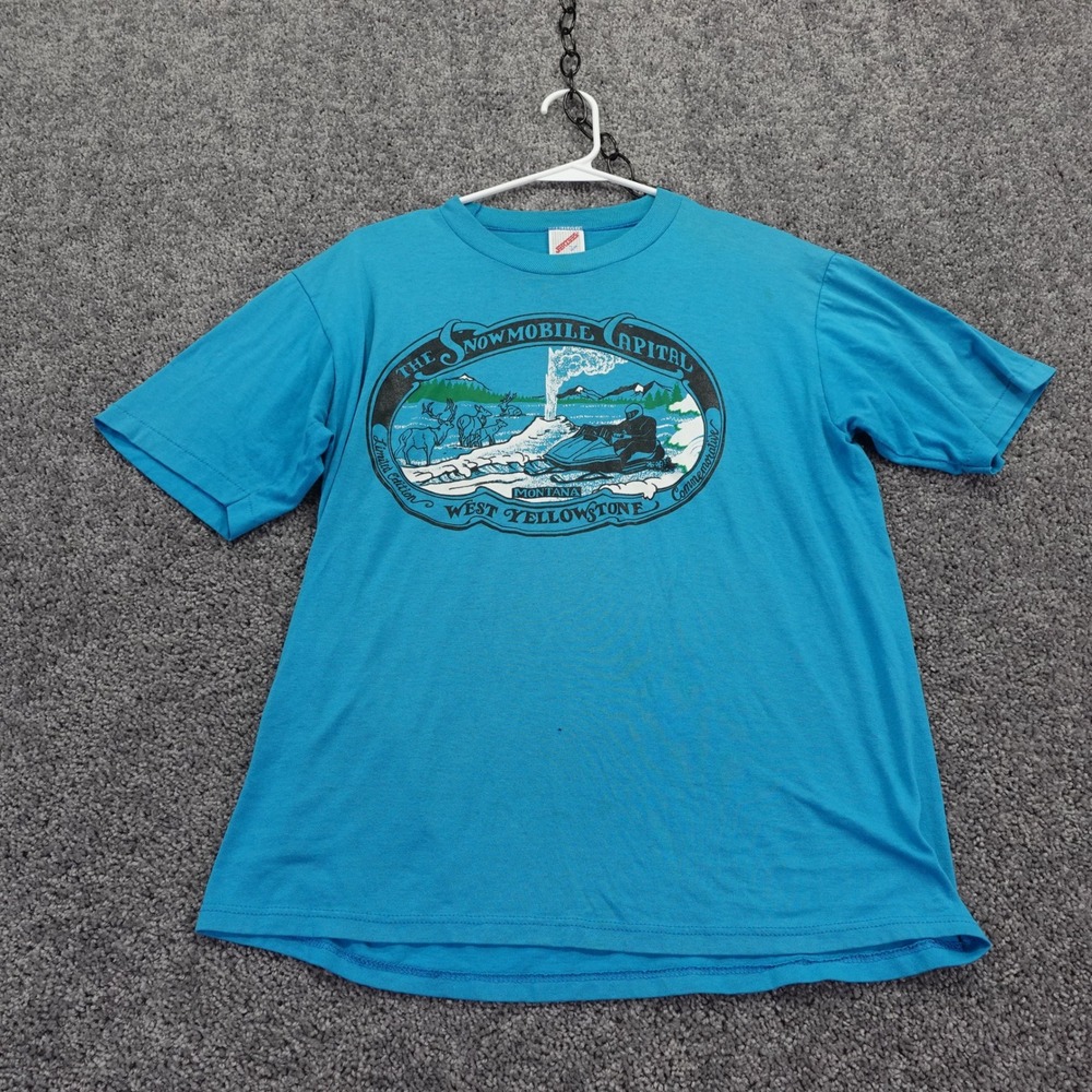 Jerzees T Shirt Mens Large Blue West Yellowstone Montana Snowmobile Capital 80s
